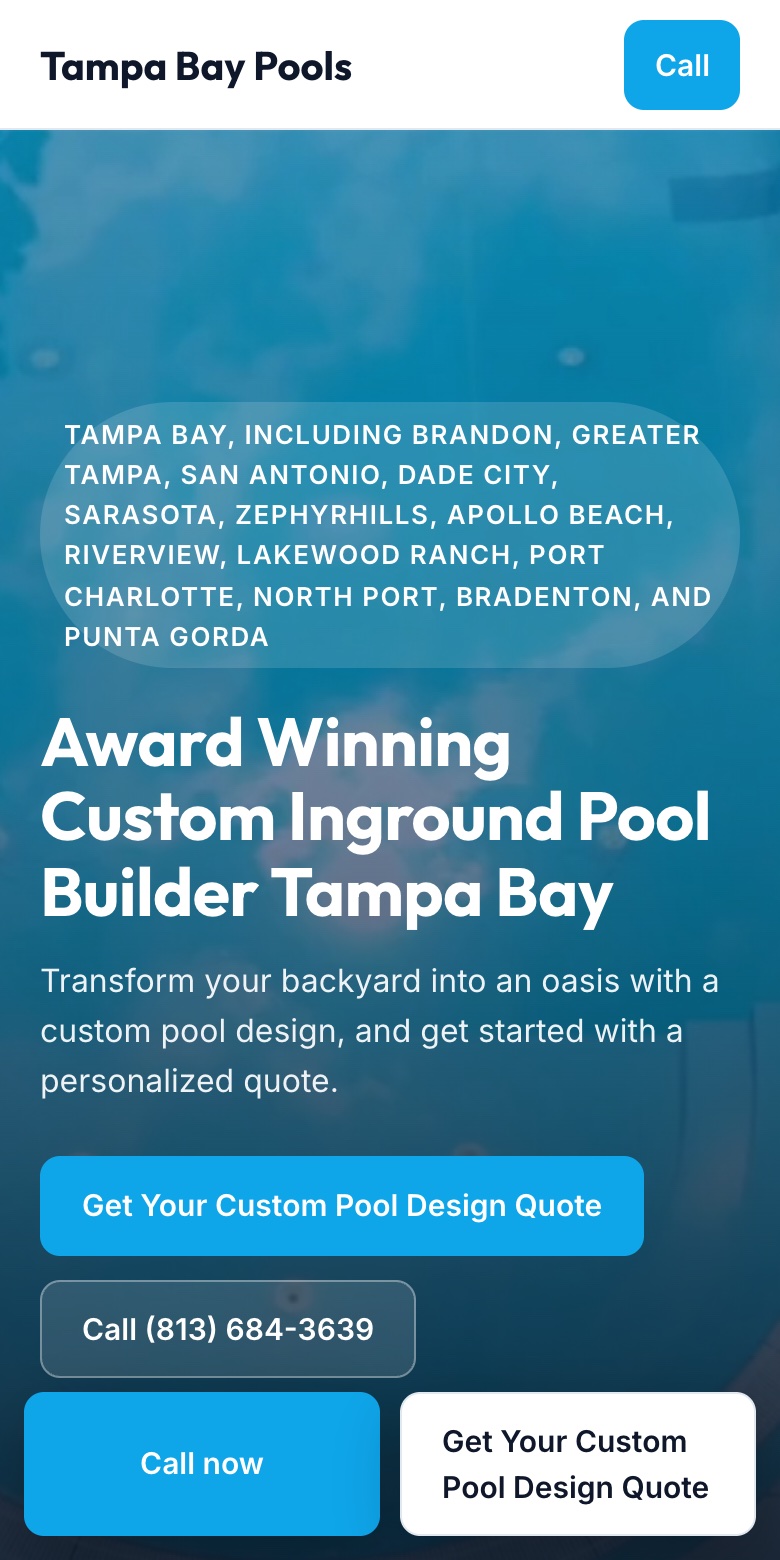 Homepage for a pool builder in Tampa